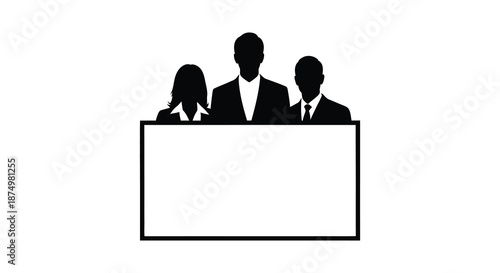 three figures in suits stand behind a blank rectangular frame a stark silhouette