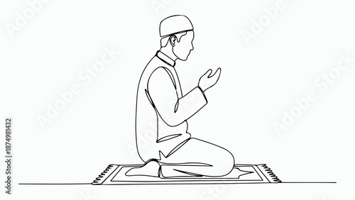 A minimalist line drawing depicts a person in prayer on a prayer mat, symbolizing devotion and spirituality.