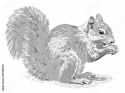 A squirrel is eating something in a black and white illustration