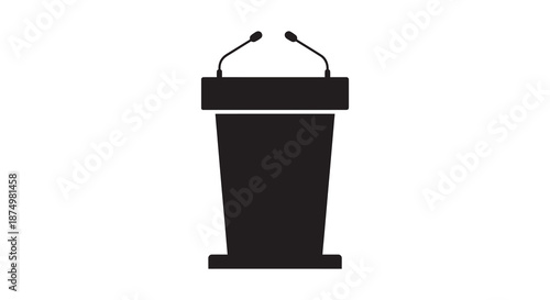 A simple black podium with two microphones displayed in a minimalist silhouette
