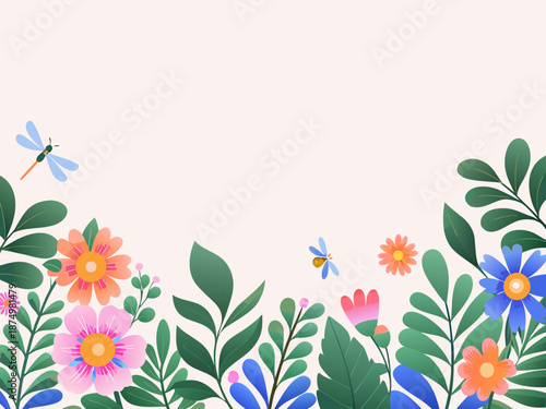 a colorful floral border with flowers and dragonflies on a white background