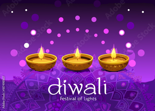 Diwali festival of lights with three diyas on a purple background