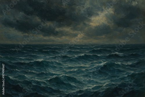 Dramatic ocean under stormy sky background