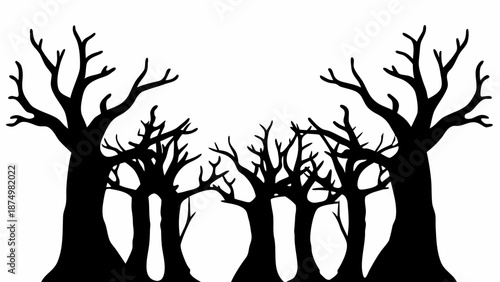 Bare trees silhouettes on white background for design