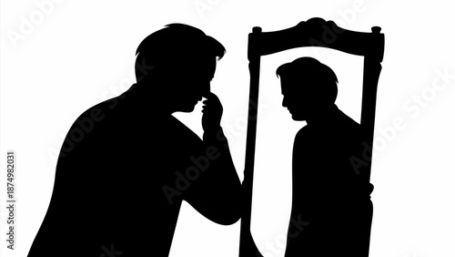 Man in contemplation looking at his reflection in mirror