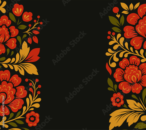 Vector decorative floral card with copy space. Invitation with Slavic tracery ornament with red flowers and place for text on a black background