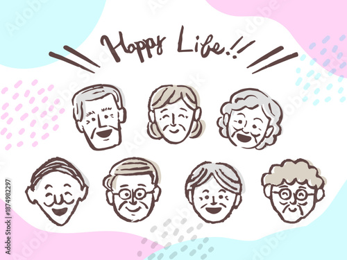 笑顔の高齢者の顔バリエーション 幸せな老後・健康寿命・福祉イメージのベクターイラスト