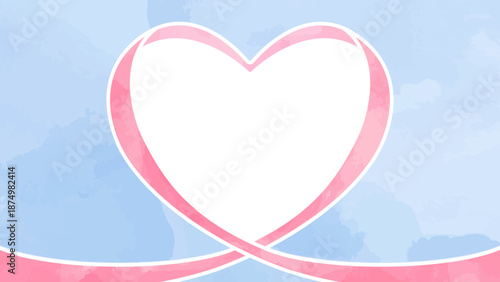 ハート型リボンの背景フレーム、水彩カラー、16:9サイズ