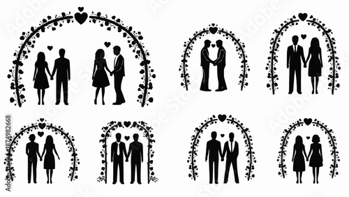 Wedding Couple Silhouettes Under Floral Archways Diverse Relationships.