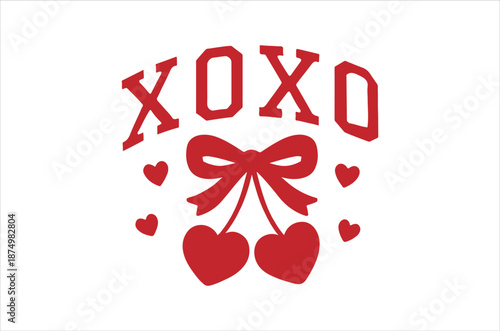 A red graphic featuring xoxo hearts a bow and two cherries