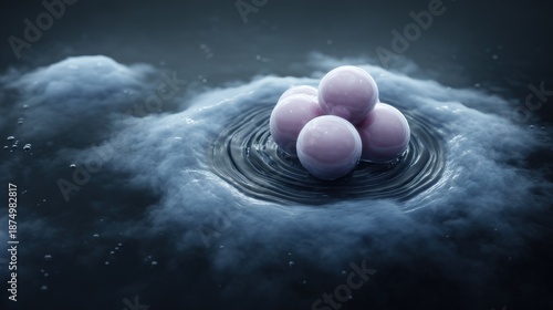 A single, complex, glowing molecule emerges from a dark, primordial aqueous solution, symbolizing the spark of life.