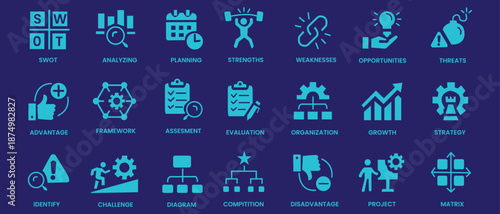 SWOT analysis icon set. Containing strengths, weaknesses, opportunities, threats, advantage, assessment, framework, strategy, planning, project and more. Solid vector icons collection.