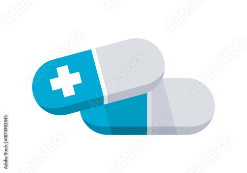 Blue capsule medicine with white cross medical icon flat vector design