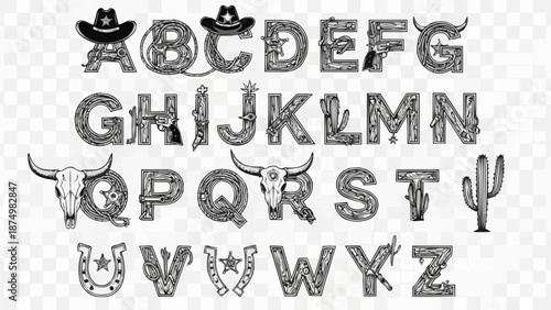 Western Alphabet Letters Made of Cowboy and Wild West Objects.