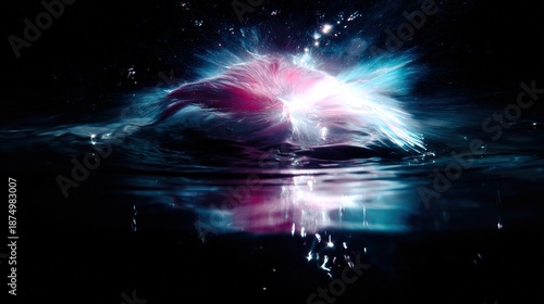 A single, complex, glowing molecule emerges from a dark, primordial aqueous solution, symbolizing the spark of life.