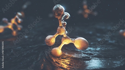 A single, complex, glowing molecule emerges from a dark, primordial aqueous solution, symbolizing the spark of life.
