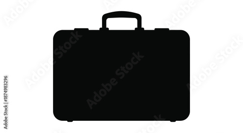 A stark black briefcase graphic illustration against a white background a simple silhouette