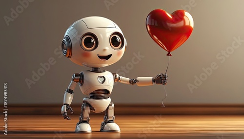 A robot with large eyes is smiling while holding a red heart balloon in a sunny room. The wooden floor adds warmth and focus to the cheerful scene.