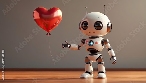 A robot with large eyes is smiling while holding a red heart balloon in a sunny room. The wooden floor adds warmth and focus to the cheerful scene.