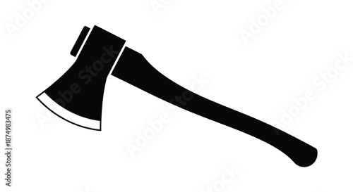 A stark black and white depiction of a handheld woodcutting axe in silhouette