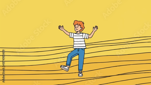 Young boy happily dancing with arms outstretched in a stylized environment.