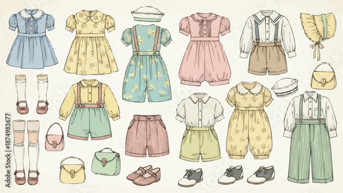 Vintage Childrens Clothing Collection Fashion Illustration.