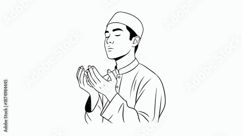 A young Muslim man in traditional attire is shown with his eyes closed, praying with his hands cupped together.