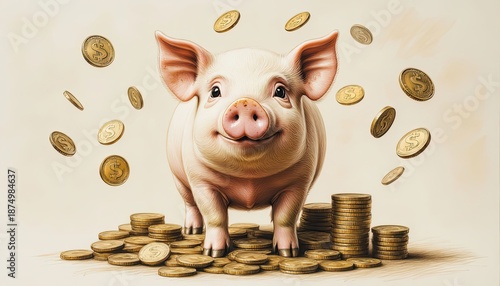 A pig stands happily on top of stacks of coins with gold coins flying around it. This scene suggests themes of money and good fortune. The setting has a light color background.