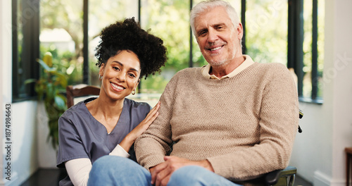 Tableau sur toile Wheelchair, portrait and nurse with old man in home for support, healthcare advice and hip fracture