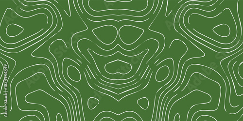 Abstract seamless pattern with wavy contour lines on a dark green background, resembling a stylized topographic map or organic flow.