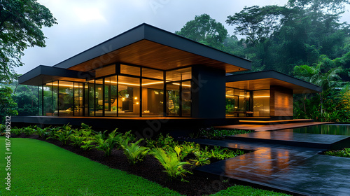 Modern eco-friendly house with large windows in lush green forest
