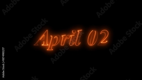Glowing neon 02 april date text animation on black background. Flickering Neon April 02 Calendar Date Animation.