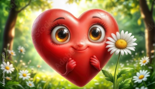 A joyful heart character stands in a vibrant garden, smiling while holding a daisy. Sunlight filters through the trees, creating a cheerful atmosphere filled with flowers.