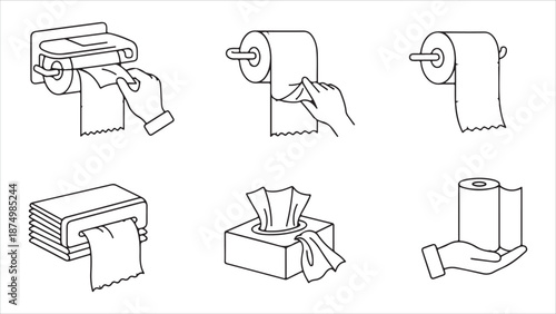 Paper towel kitchen roll tissue vector icon set. Black outline illustrations for toilet cleaning, wiping, napkin use, bathroom wet areas, table cleaning, dry cleaning, and hand cleanlines.eps