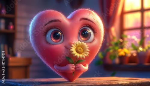 A heart-shaped character stands in a bright room holding a flower. Sunlight shines through the window, illuminating the plants and creating a warm atmosphere.