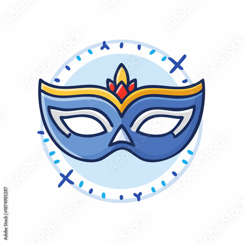 Elegant Blue Venetian Masquerade Mask Vector Illustration in Circular Frame