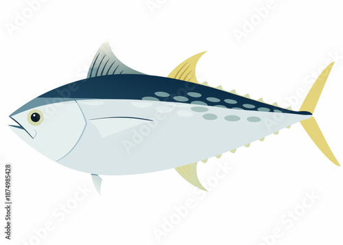 a blue and white fish with yellow fins swimming on white background