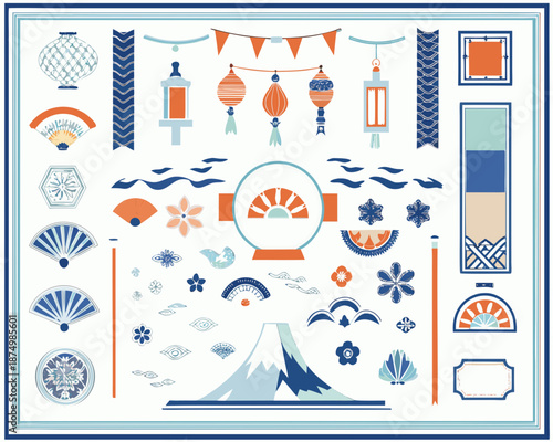 a collection of japanese themed icons and symbols in orange blue and white colors