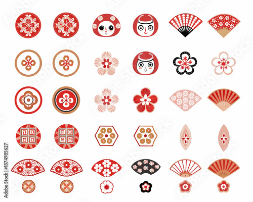 Collection of traditional japanese designs and motifs in red and pink hues