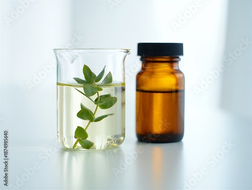 Herbal extract in a beaker with green leaves and amber bottle