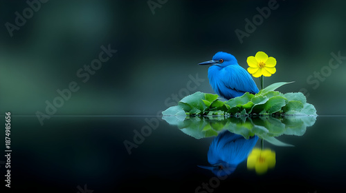 Vibrant blue bird perched on green leaves with yellow flower