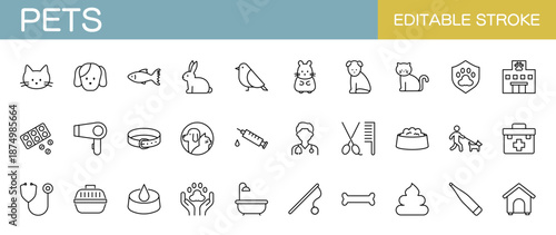 ペットに関するアイコンセット　犬　猫　鳥　魚　ハムスター　うさぎ　医療 （線幅変更可能）