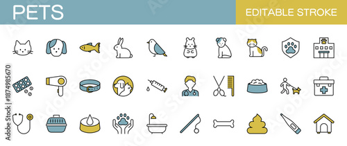 ペットに関するアイコンセット　犬　猫　鳥　魚　ハムスター　うさぎ　医療 （線幅変更可能・カラー）