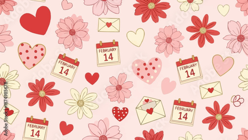 Valentines Day seamless pattern with hearts and flowers.