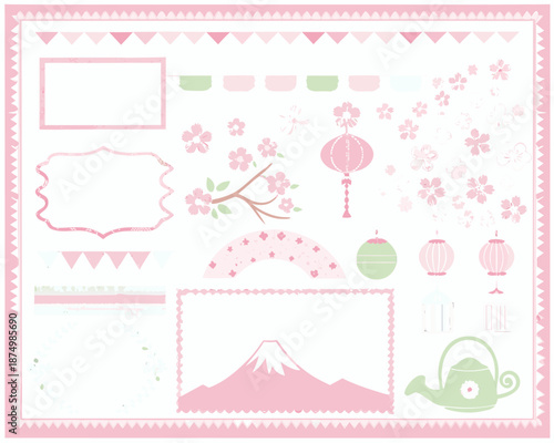 Pink japanese themed stationery elements with cherry blossoms and mount fuji