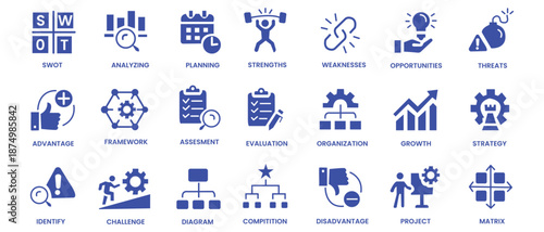 SWOT analysis icon set. Containing strengths, weaknesses, opportunities, threats, advantage, assessment, framework, strategy, planning, project and more. Solid vector icons collection.