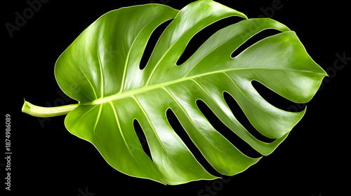 Vibrant green Monstera leaf with natural holes on black background