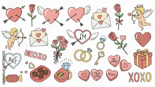Valentines Day Symbols Collection with Hearts Roses and Cupids.