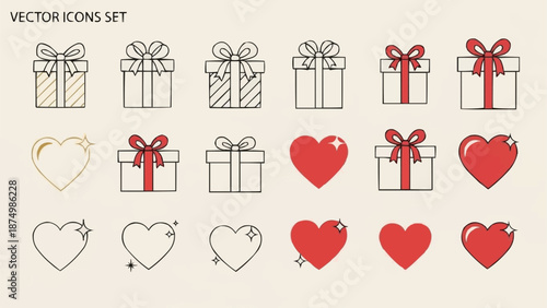 Vector Icons Set Featuring Gift Boxes and Hearts.