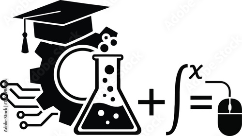 Black and white illustration of education and science with computer mouse and math equation.